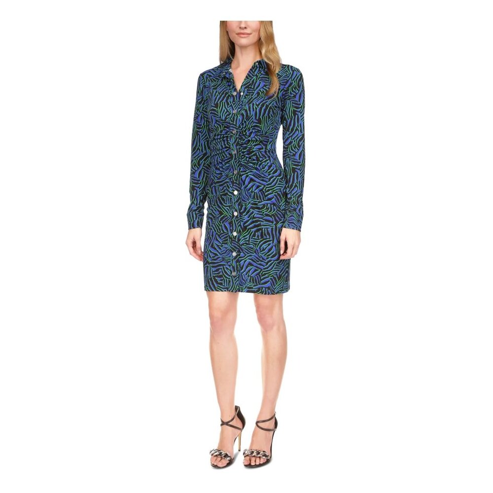 MICHAEL MICHAEL KORS Womens Blue Ruched Unlined Snap Closure Front Long Sleeve